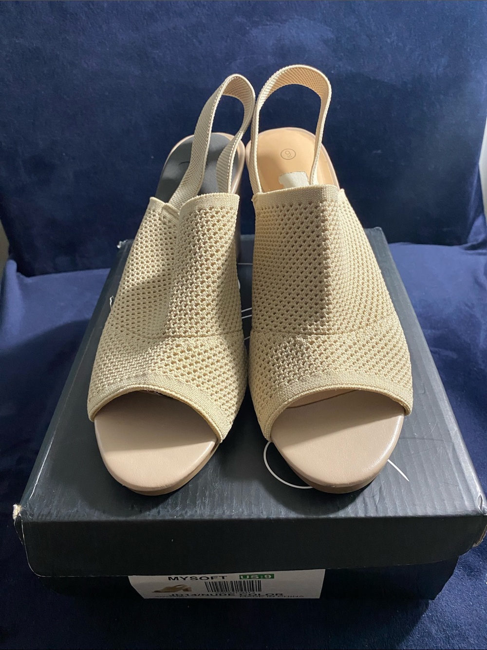 Beige Knit Slingback Peep-Toe Sandals - Women's Comfort Style, size 9, 3” heels
